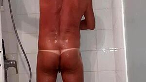 a naughty excited male takes a shower at home