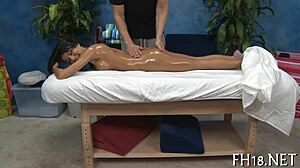 Relaxing massage session with fleshy touch leading to intimate connection.