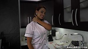 Big booty Latina maid Sofia gives blowjob and shows ass