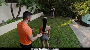 Small-bodied teen Katya Rodriguez experiences double-team action with a big cock