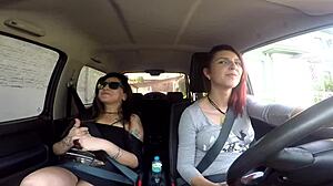 Two girls show off on the street then fuck a guy in a jimmy.