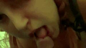 milf gives voyeur blowjob to redhead with music