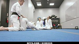 karate hotties olivia, abigail, and bella share instructor's cock