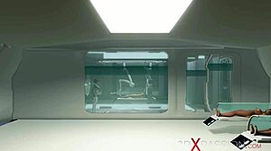 Горячая транссексуалка-киборг доминирует над блондинкой в дикой встрече в операционной.