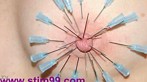 Sprutar saltlösning genom bröstvårta med extrem nål-piercing i vild session