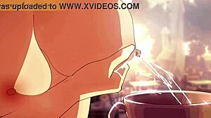 在狂野变态动画中从哺乳乳房喷奶到咖啡杯里